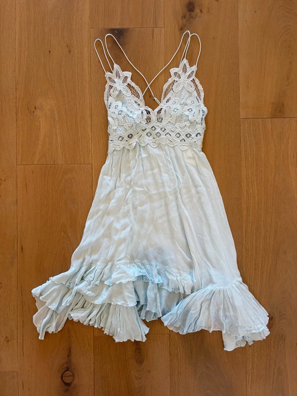 NWT Free People Blue Seawashed Adella Slip- Lace Crochet Asymmetrical Mini Dress